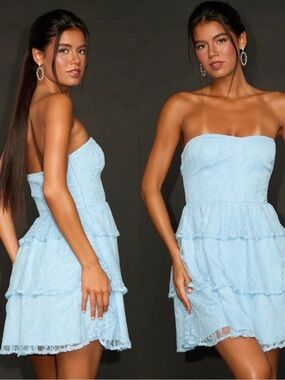 NWT Lulu’s Sweet Perception Light Blue Lace Strapless Tiered Mini Dress Size XL